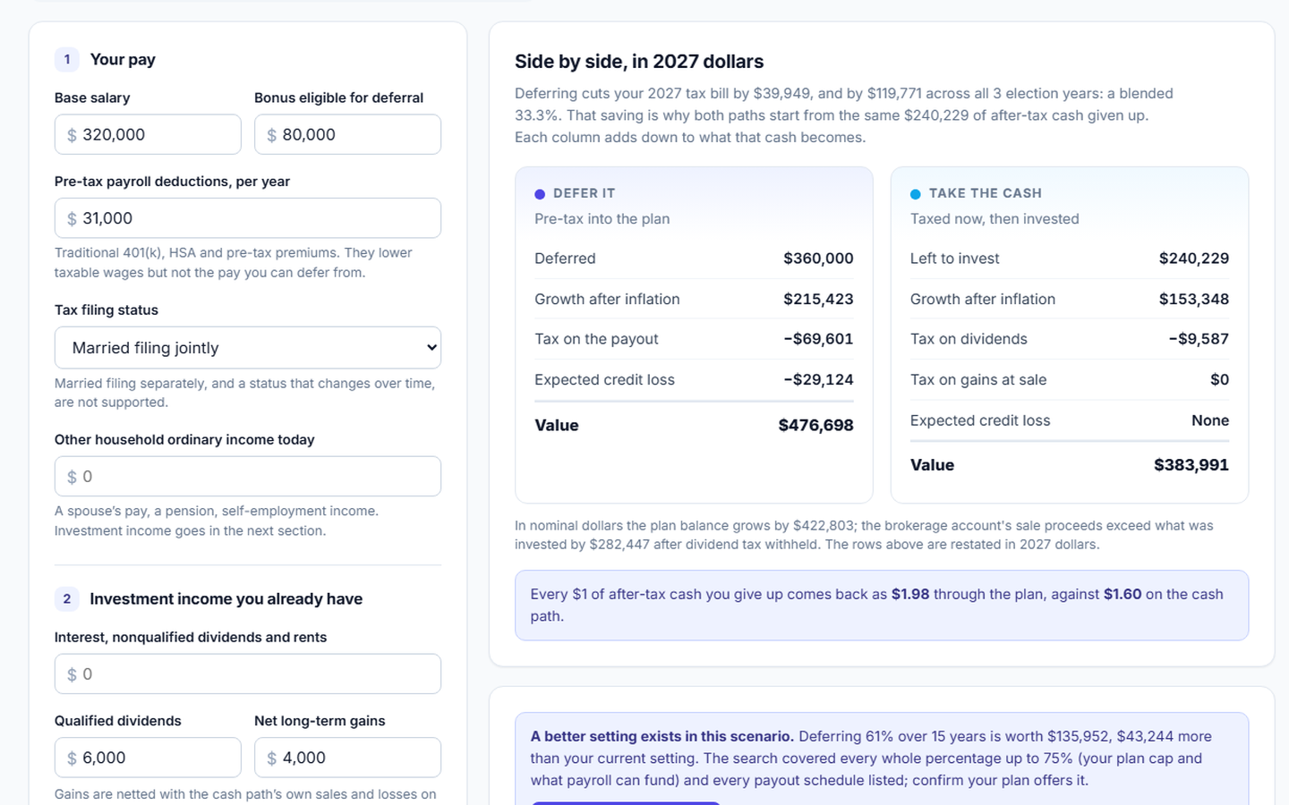 Side-by-side comparison of the defer path and the take-the-cash path, listing growth, taxes and final value for each.
